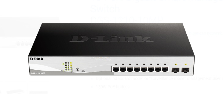 Thiết bị chuyển mạch D-Link 8 PORTS 10/100/1000MBPS POE+ 2 WITH 2-PORT 1GBASE-T/SFP (DGS-1210-10MP)