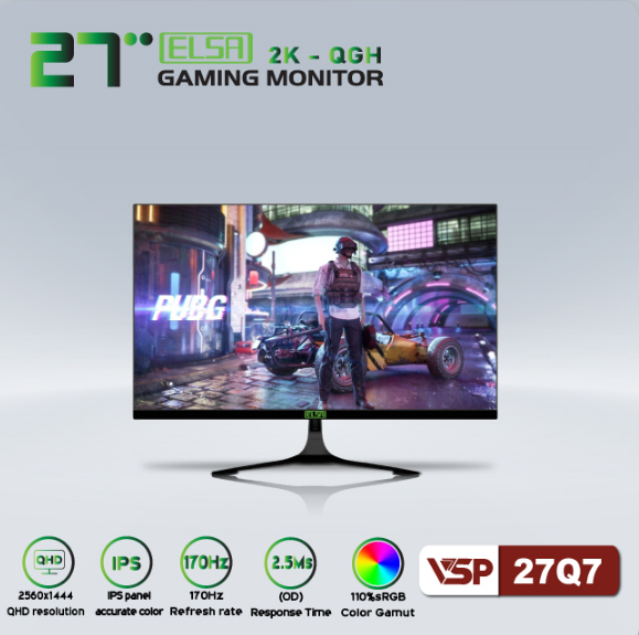 Màn hình Gaming VSP ELSA 27Q7 (27 inch, 2K, IPS, 170Hz, 2ms, phẳng, đen)